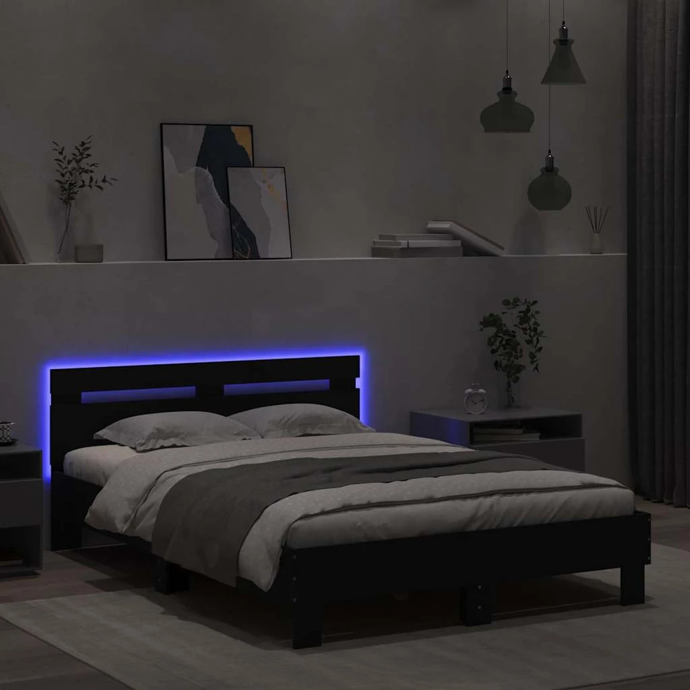 Lova Lovos rėmas su galvūgaliu ir LED, juodos spalvos, 135x190cm