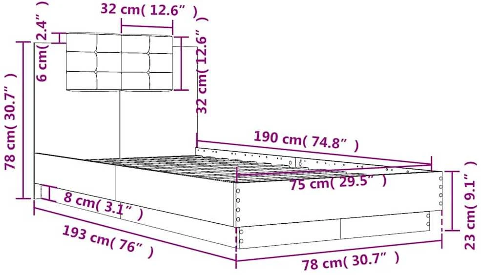 Lovos rėmas su galvūgaliu ir LED lemputėmis, juodas, 75x190cm