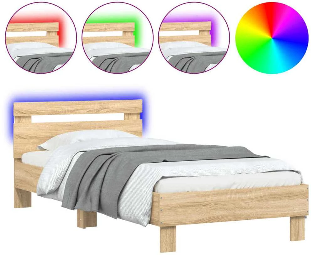 Lovos rėmas su galvūgaliu ir LED lemputėmis, ąžuolo, 90x190cm