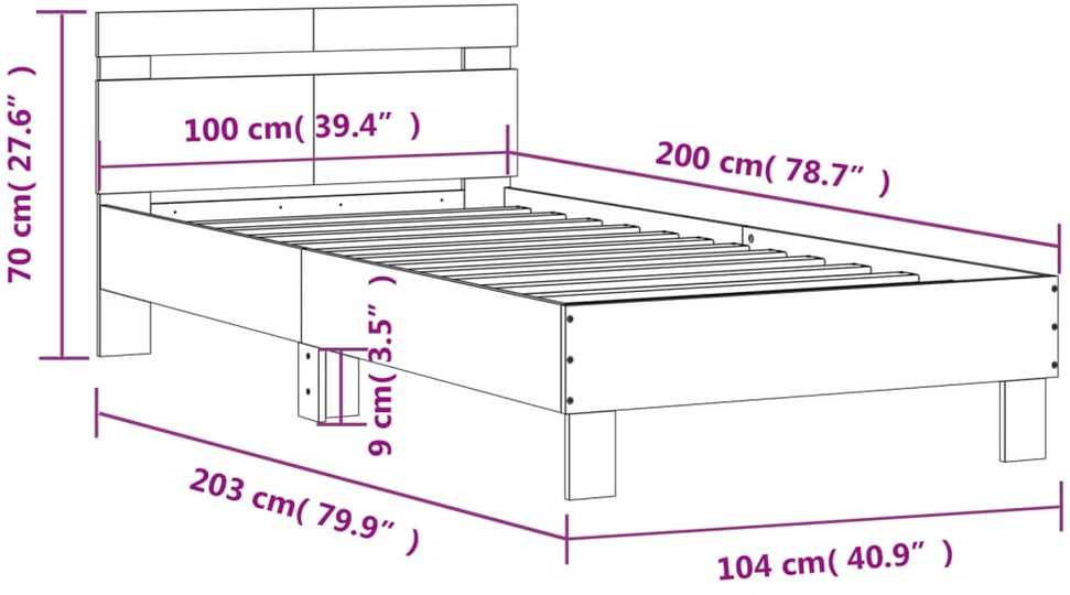 Lovos rėmas su galvūgaliu ir LED lemputėmis, betono, 100x200cm