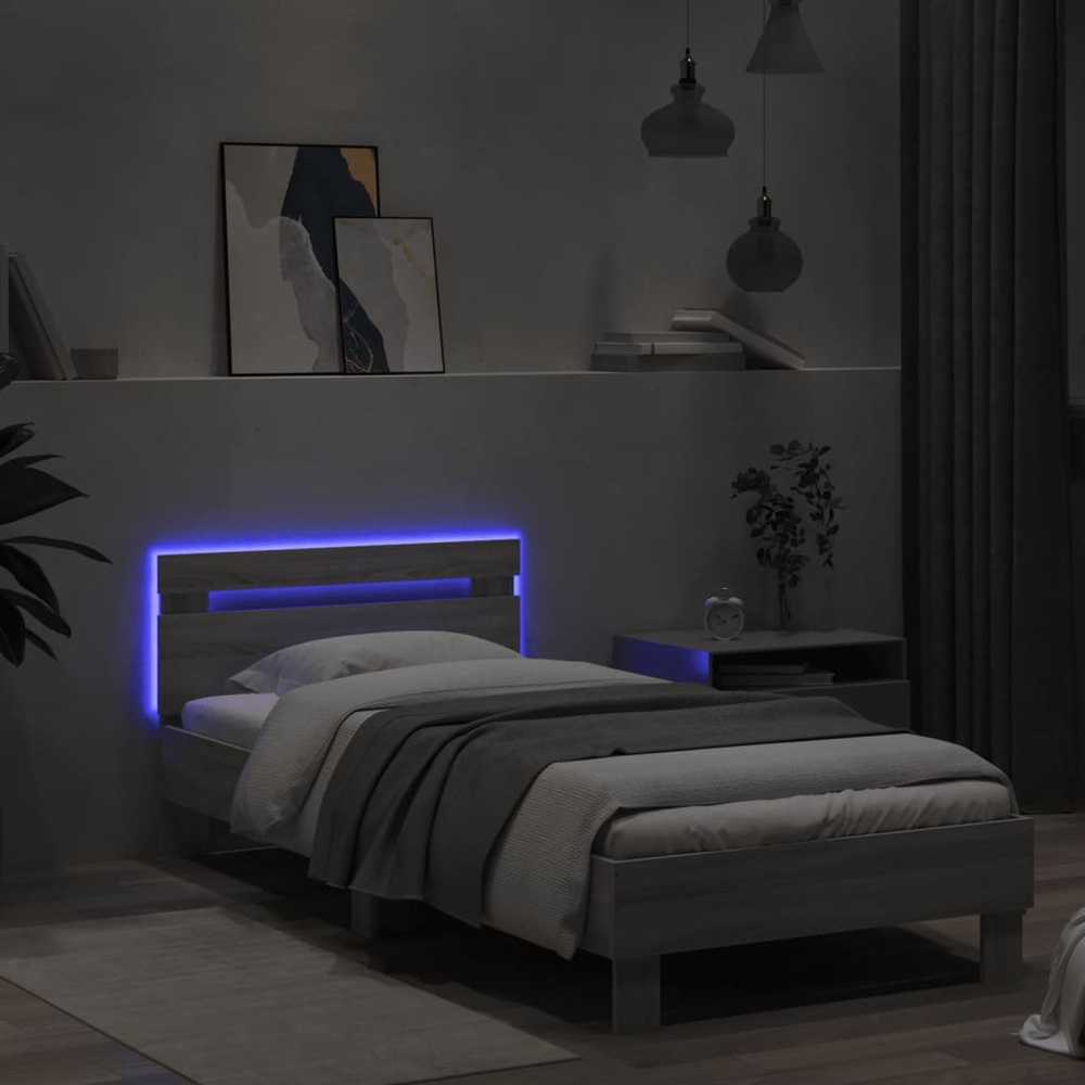 Lovos rėmas su galvūgaliu ir LED lemputėmis, pilkas, 90x200cm
