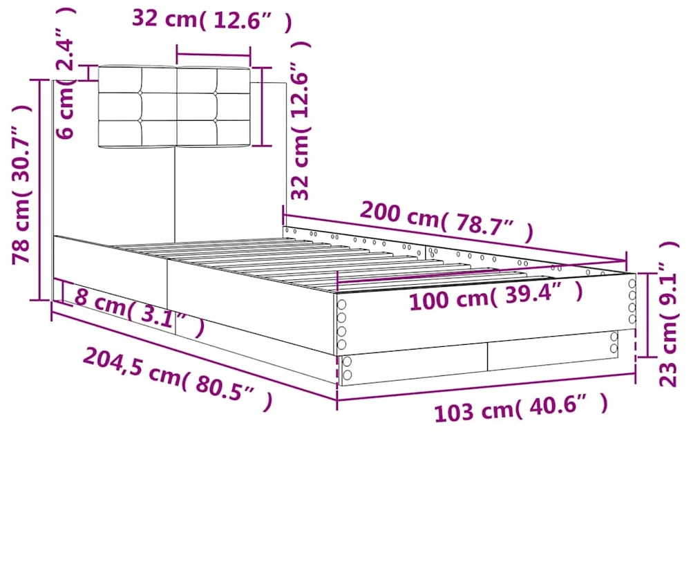 Lovos rėmas su galvūgaliu ir LED lemputėmis, dūminis, 100x200cm