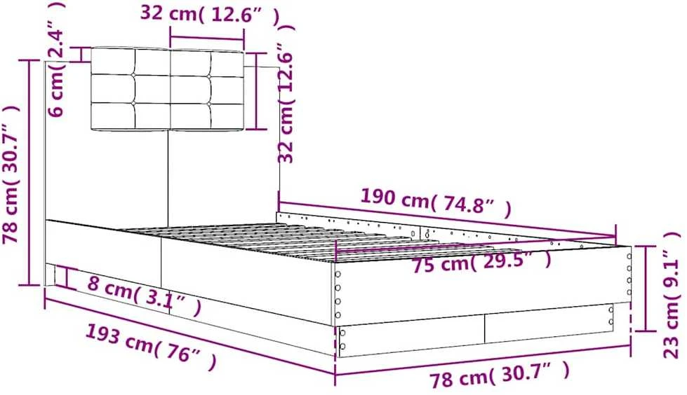 Lovos rėmas su galvūgaliu ir LED lemputėmis, baltas, 75x190cm