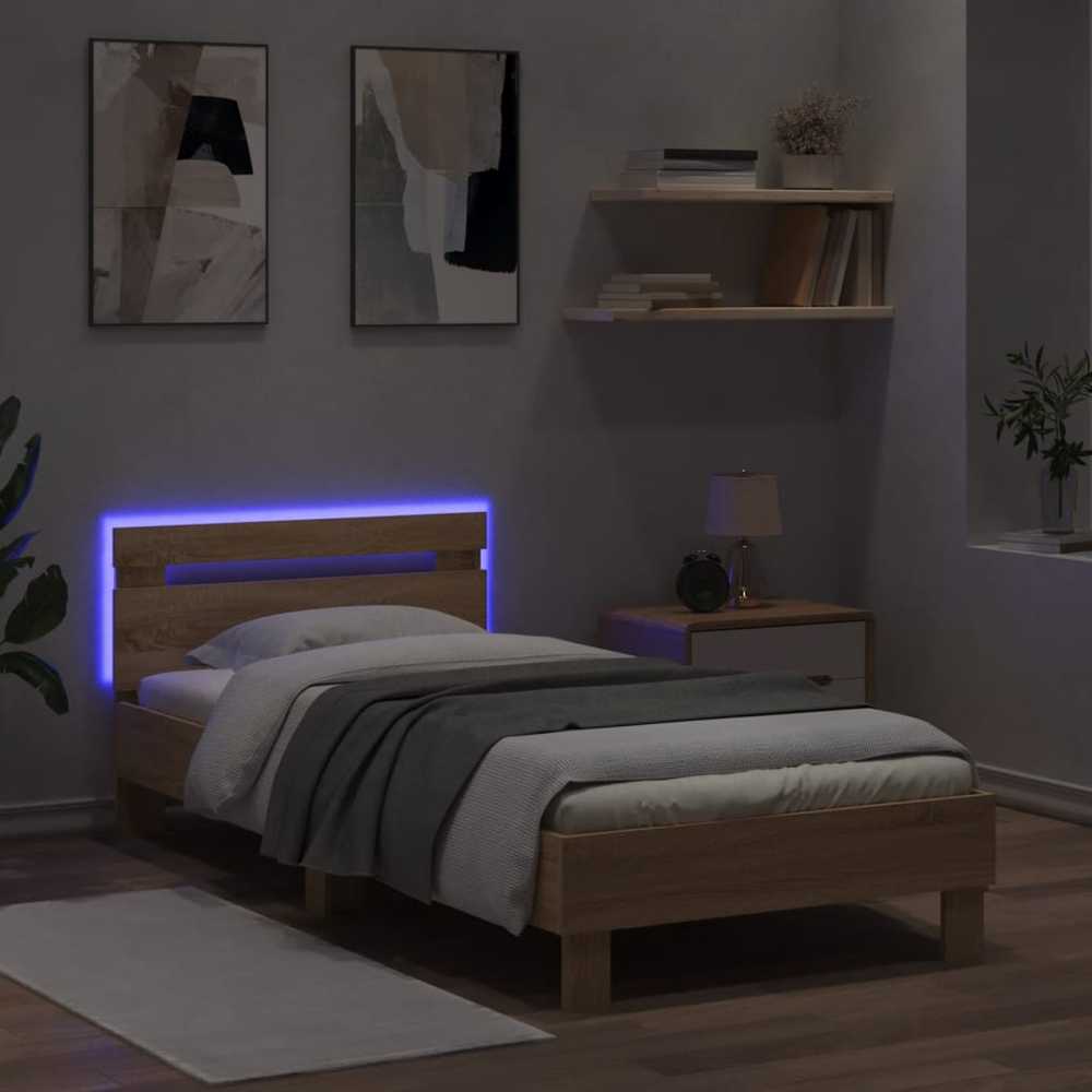 Lovos rėmas su galvūgaliu ir LED lemputėmis, ąžuolo, 75x190cm