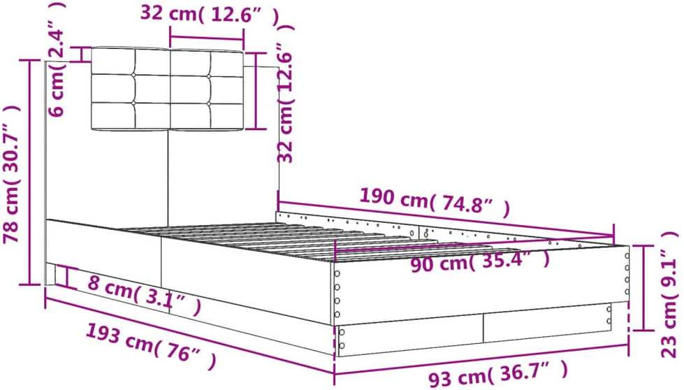 Lovos rėmas su galvūgaliu ir LED lemputėmis, baltas, 90x190cm