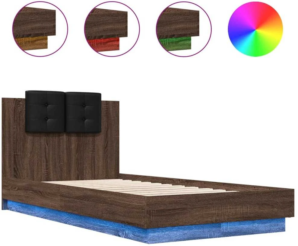 Lovos rėmas su galvūgaliu ir LED lemputėmis, rudas, 75x190cm