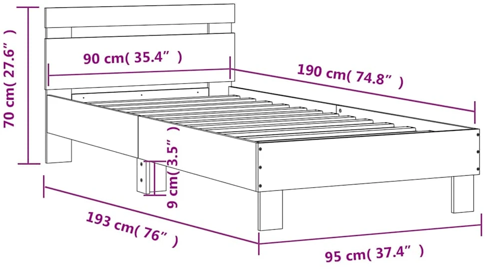 Lovos rėmas su galvūgaliu ir LED lemputėmis, betono, 90x190cm