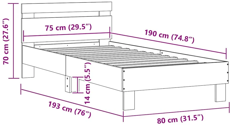 Lovos rėmas su galvūgaliu ir LED lemputėmis, baltas, 75x190cm
