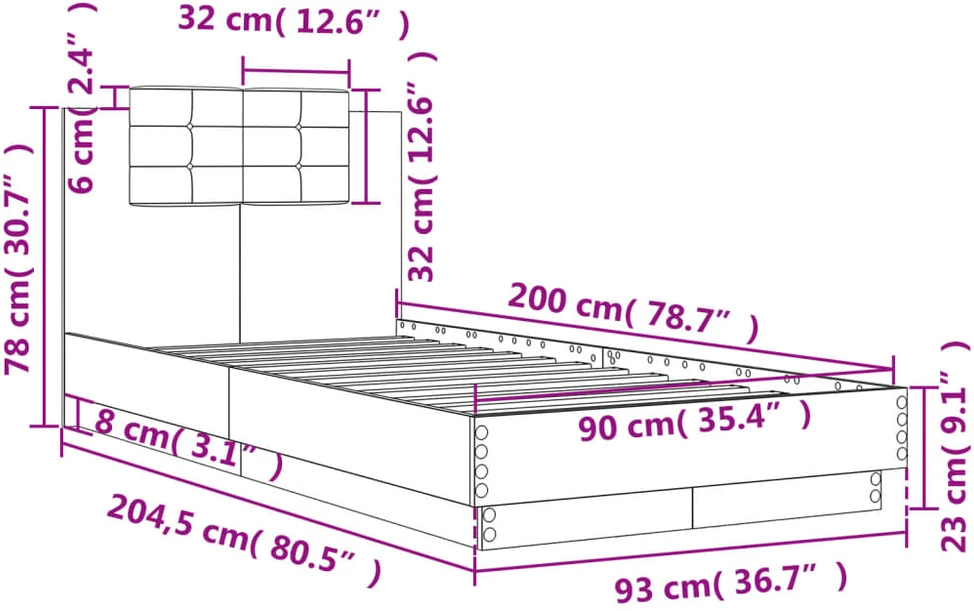 Lovos rėmas su galvūgaliu ir LED lemputėmis, rudas, 90x200cm