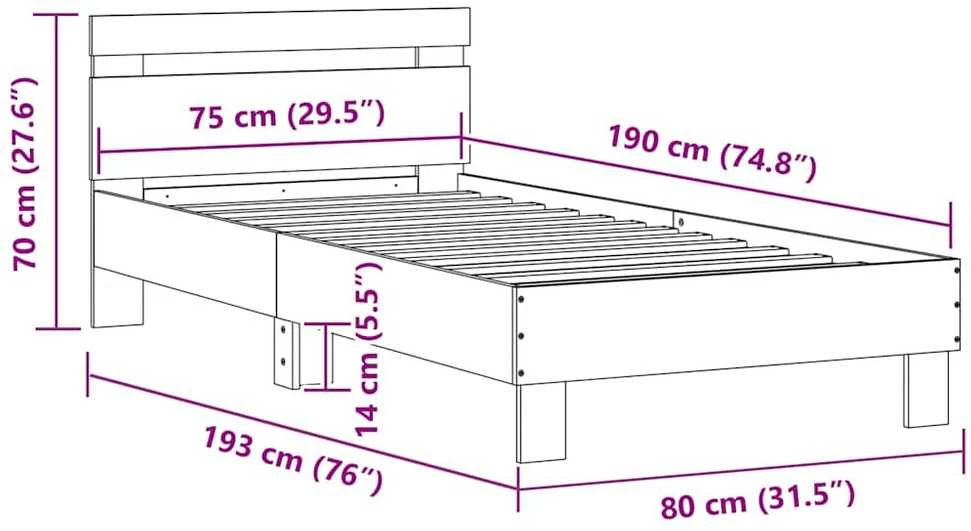 Lovos rėmas su galvūgaliu ir LED lemputėmis, rudas, 75x190cm