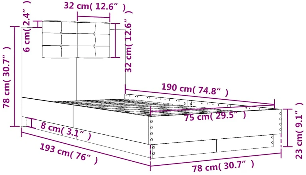 Lovos rėmas su galvūgaliu ir LED lemputėmis, ąžuolo, 75x190cm