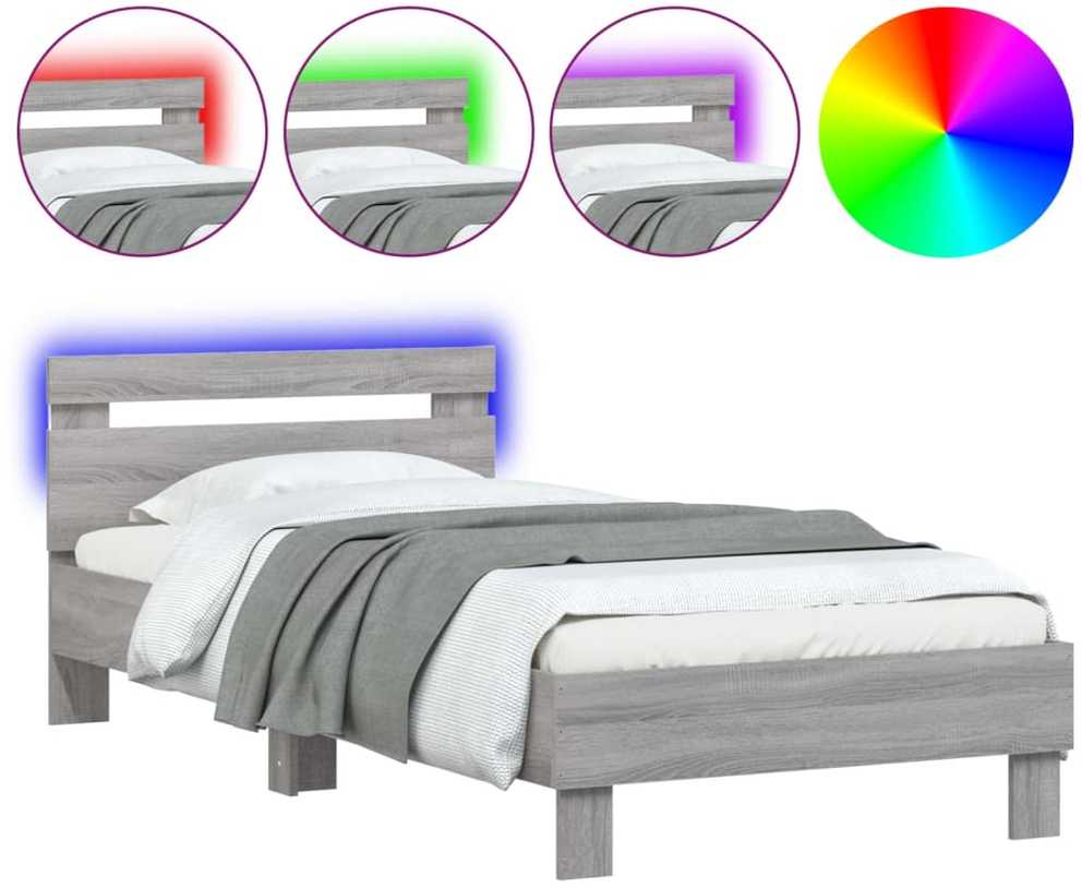 Lovos rėmas su galvūgaliu ir LED lemputėmis, pilkas, 90x200cm