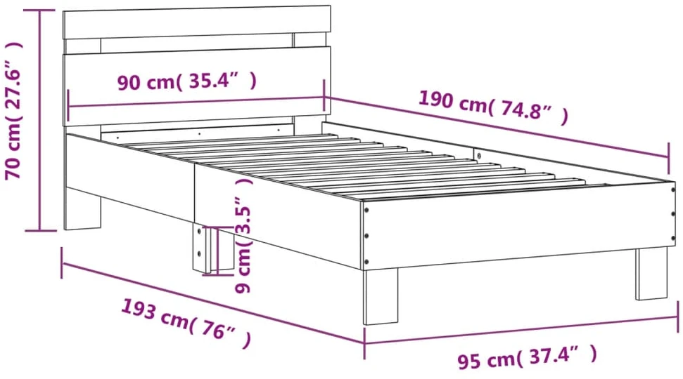 Lovos rėmas su galvūgaliu ir LED lemputėmis, baltas, 90x190cm