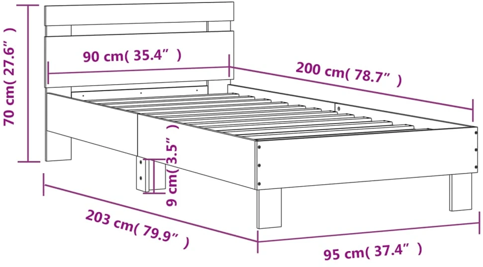 Lovos rėmas su galvūgaliu ir LED lemputėmis, dūminis, 90x200cm
