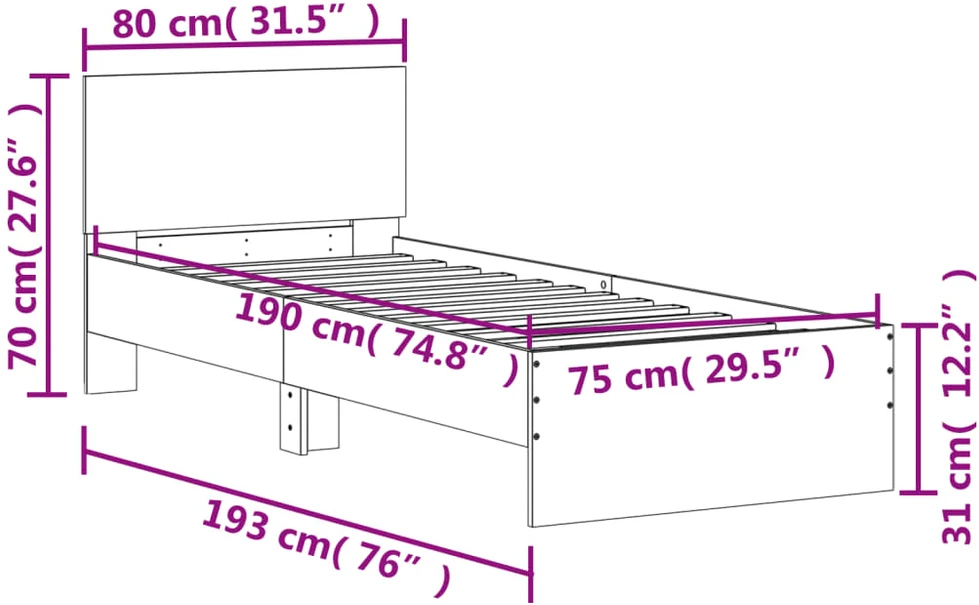 Lovos rėmas su galvūgaliu ir LED lemputėmis, pilkas, 75x190cm
