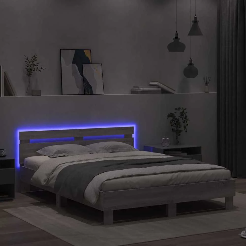 Lovos rėmas su galvūgaliu ir LED, pilkas ąžuolo, 150x200cm