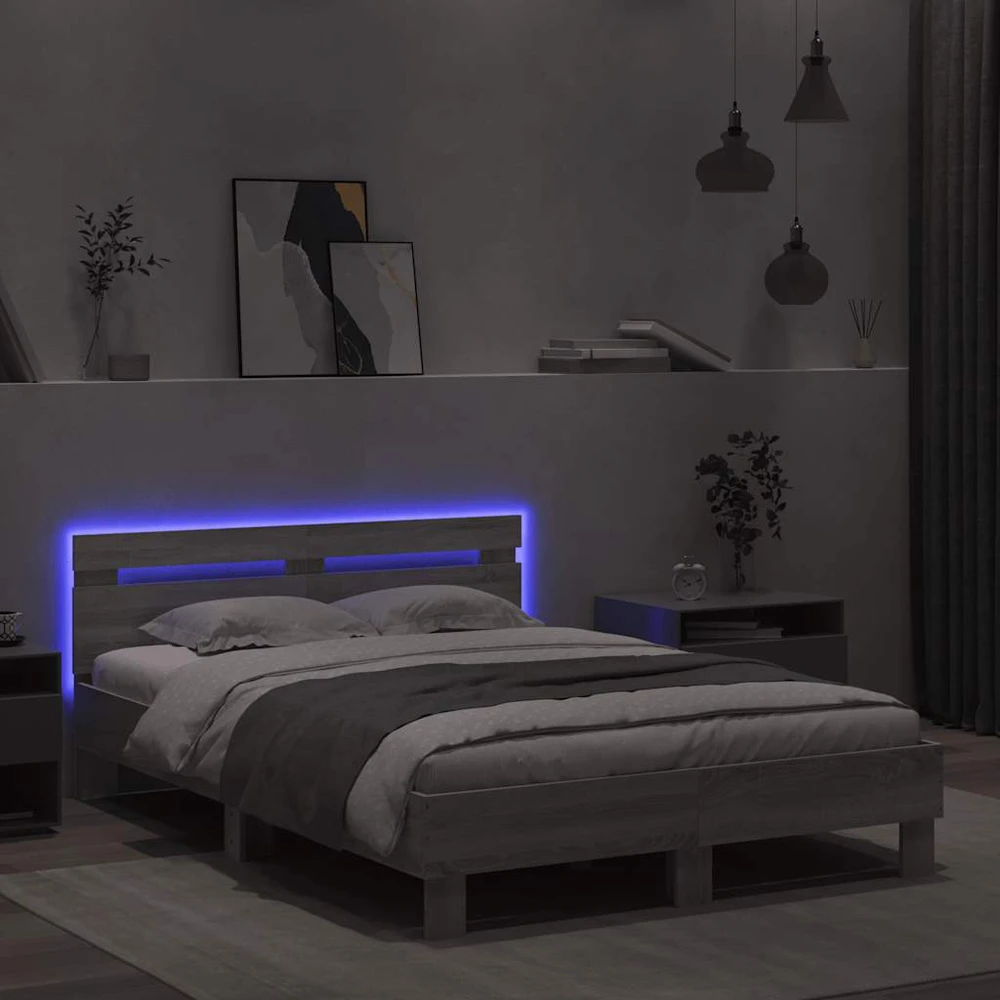 Lova Lovos rėmas su galvūgaliu ir LED, pilkas ąžuolo, 135x190cm
