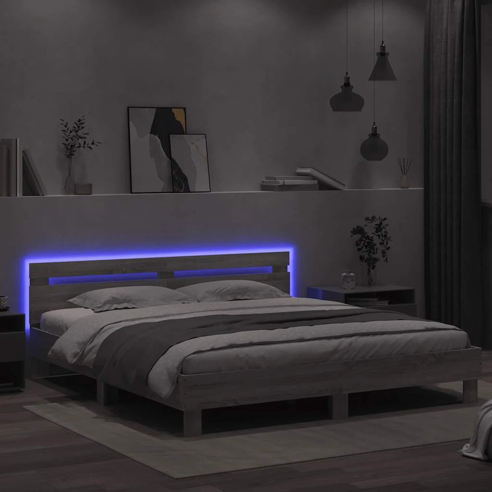 Lovos rėmas su galvūgaliu ir LED, pilkas ąžuolo, 160x200cm