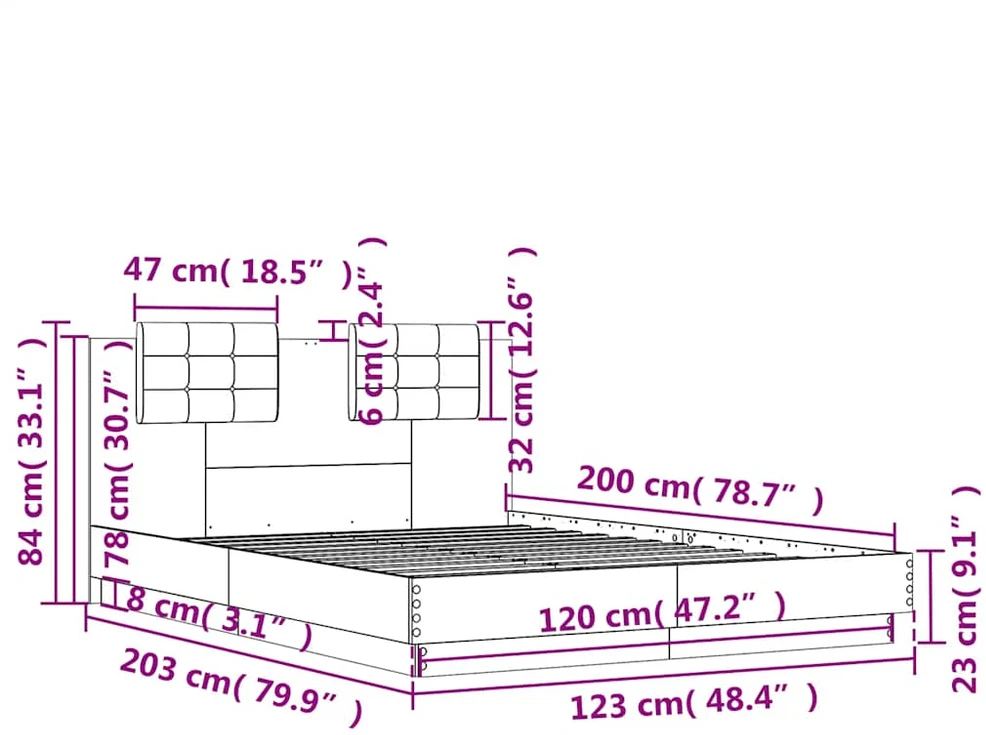 Lovos rėmas su galvūgaliu ir LED, pilkas ąžuolo, 120x200cm