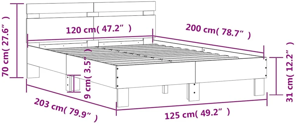 Lovos rėmas su galvūgaliu ir LED, rudas ąžuolo, 120x200cm