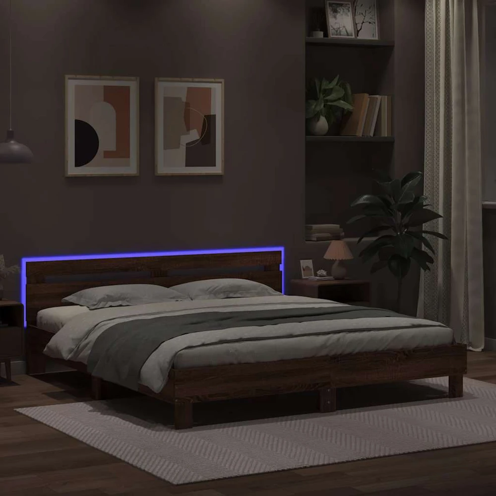 Lovos rėmas su galvūgaliu ir LED, rudas ąžuolo, 200x200cm