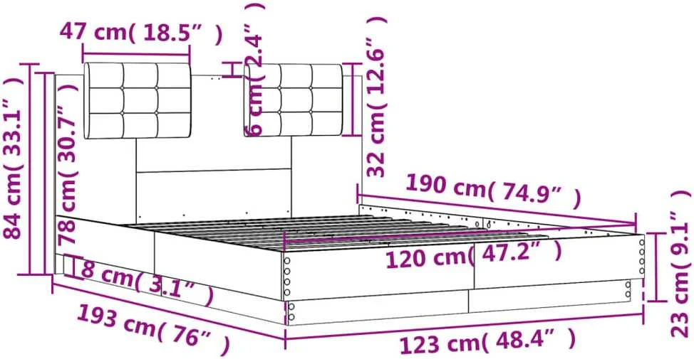 Lovos rėmas su galvūgaliu ir LED, rudas ąžuolo, 120x190cm