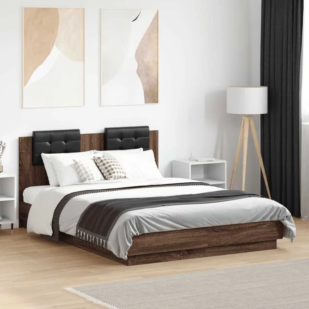 Lova Lovos rėmas su galvūgaliu ir LED, rudas ąžuolo, 135x190cm