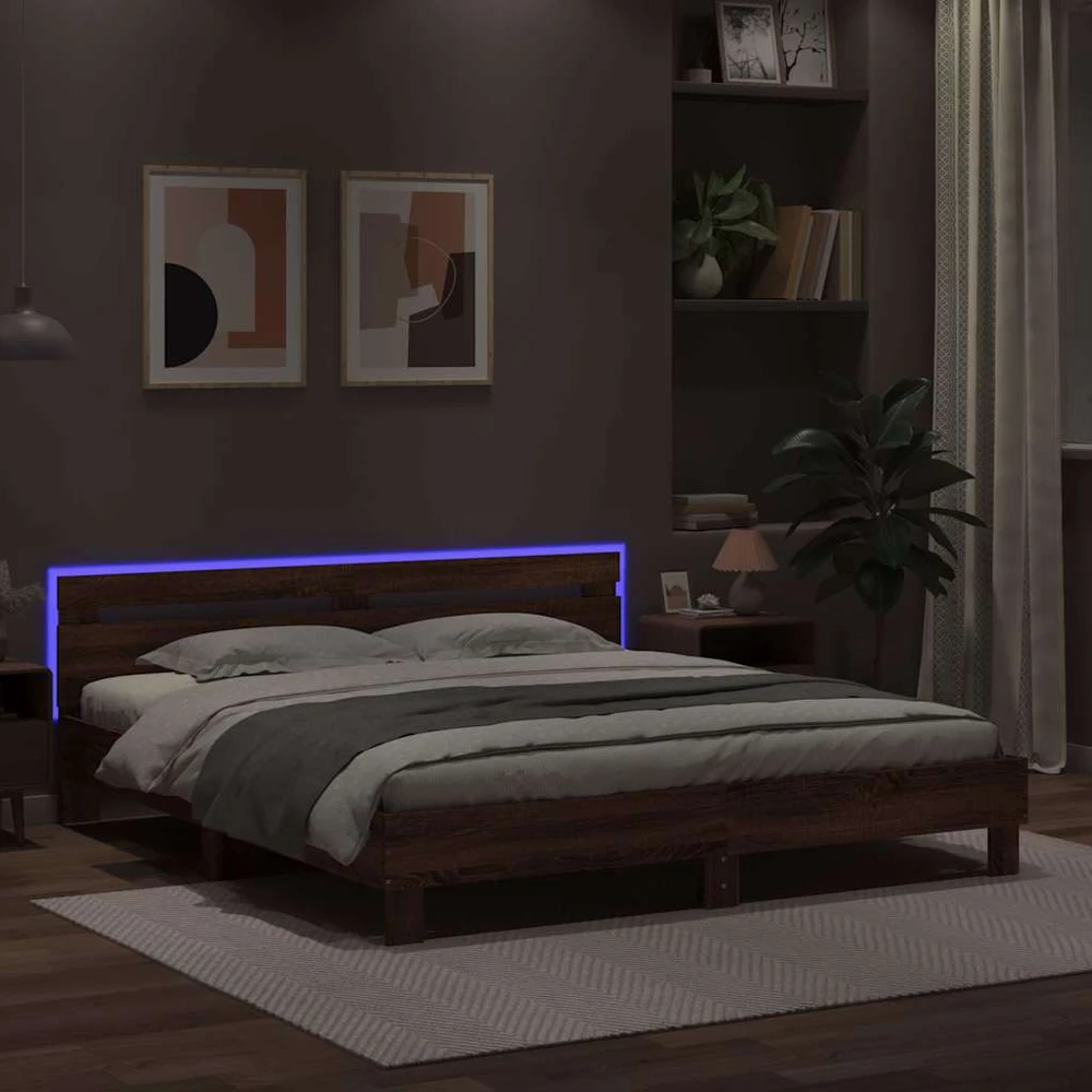 Lovos rėmas su galvūgaliu ir LED, rudas ąžuolo, 160x200cm