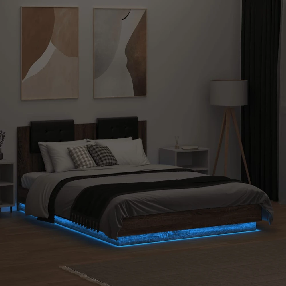 Lova Lovos rėmas su galvūgaliu ir LED, rudas ąžuolo, 135x190cm