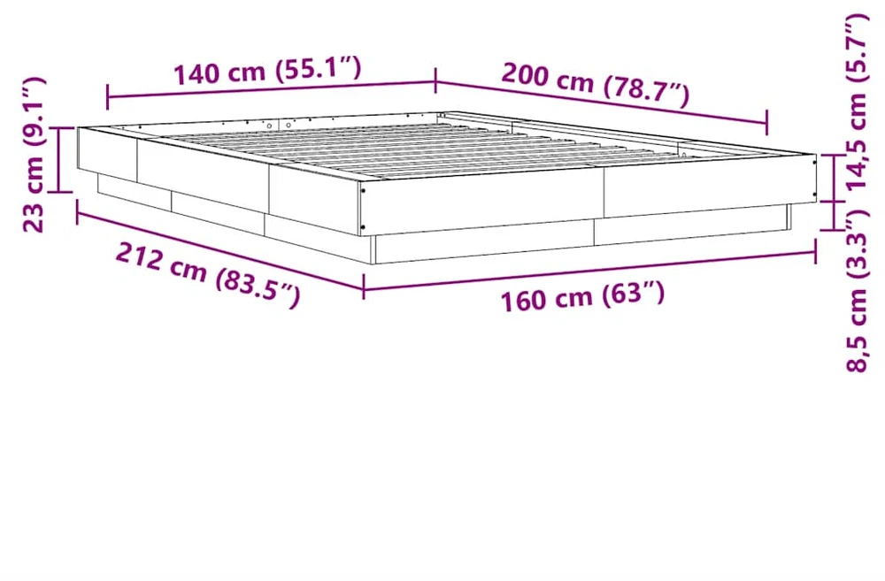 Lovos rėmas su LED, ąžuolo, 140x200cm, apdirbta mediena