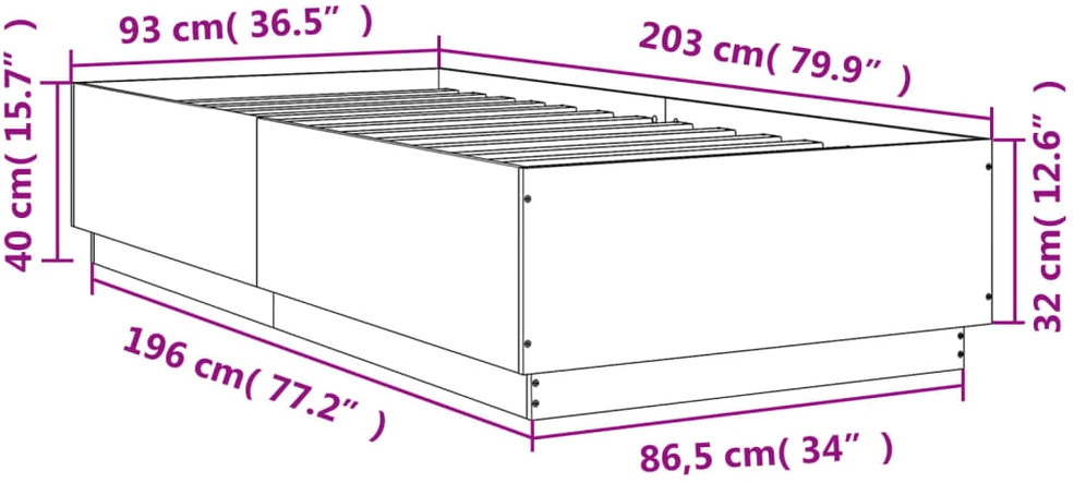 Lovos rėmas su LED, ąžuolo, 90x200cm, apdirbta mediena