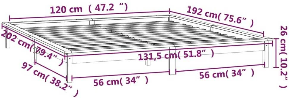 Lovos rėmas su LED, baltas, 120x190cm, mediena, dvivietis