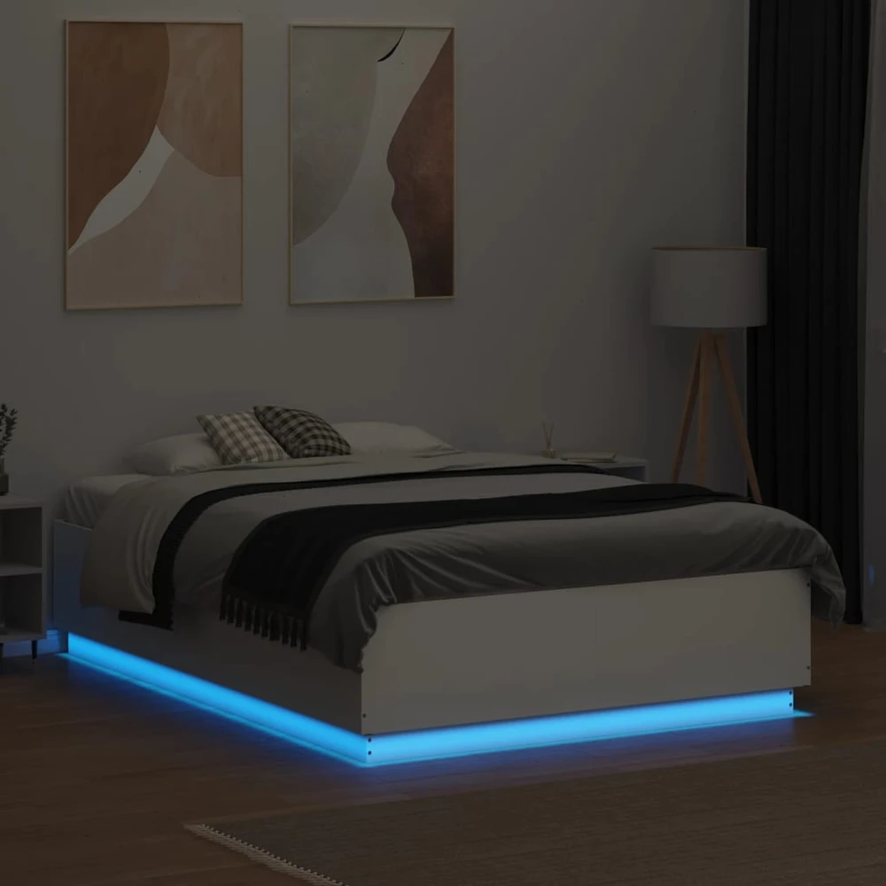 Lova Lovos rėmas su LED, baltas, 135x190cm, apdirbta mediena