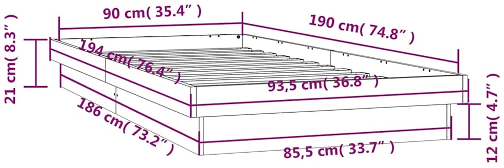 Lovos rėmas su LED, baltas, 90x190cm, mediena, vienvietis