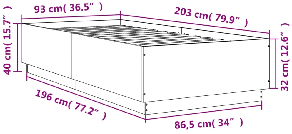Lovos rėmas su LED, baltas, 90x200cm, apdirbta mediena