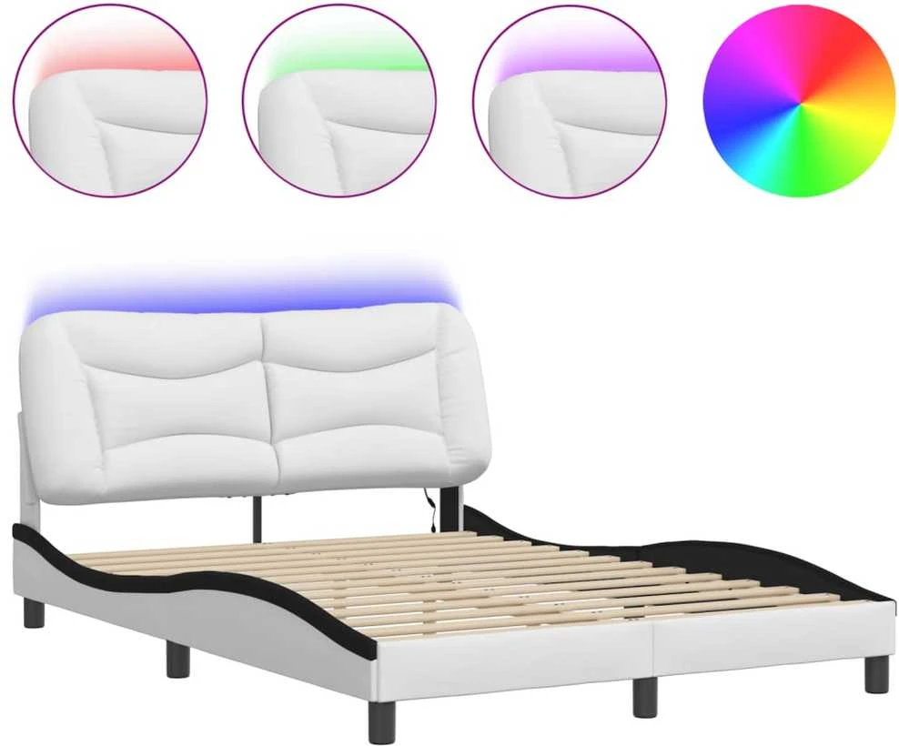 Lovos rėmas su LED, baltas ir juodas, 140x190cm, dirbtinė oda