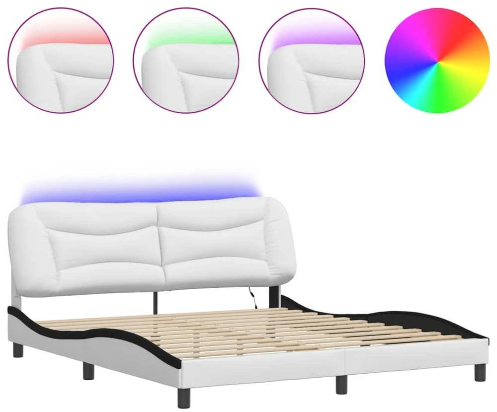 Lovos rėmas su LED, baltas ir juodas, 180x200cm, dirbtinė oda