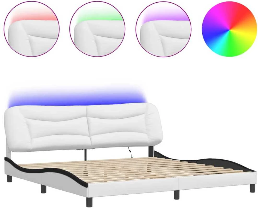 Lovos rėmas su LED, baltas ir juodas, 200x200cm, dirbtinė oda