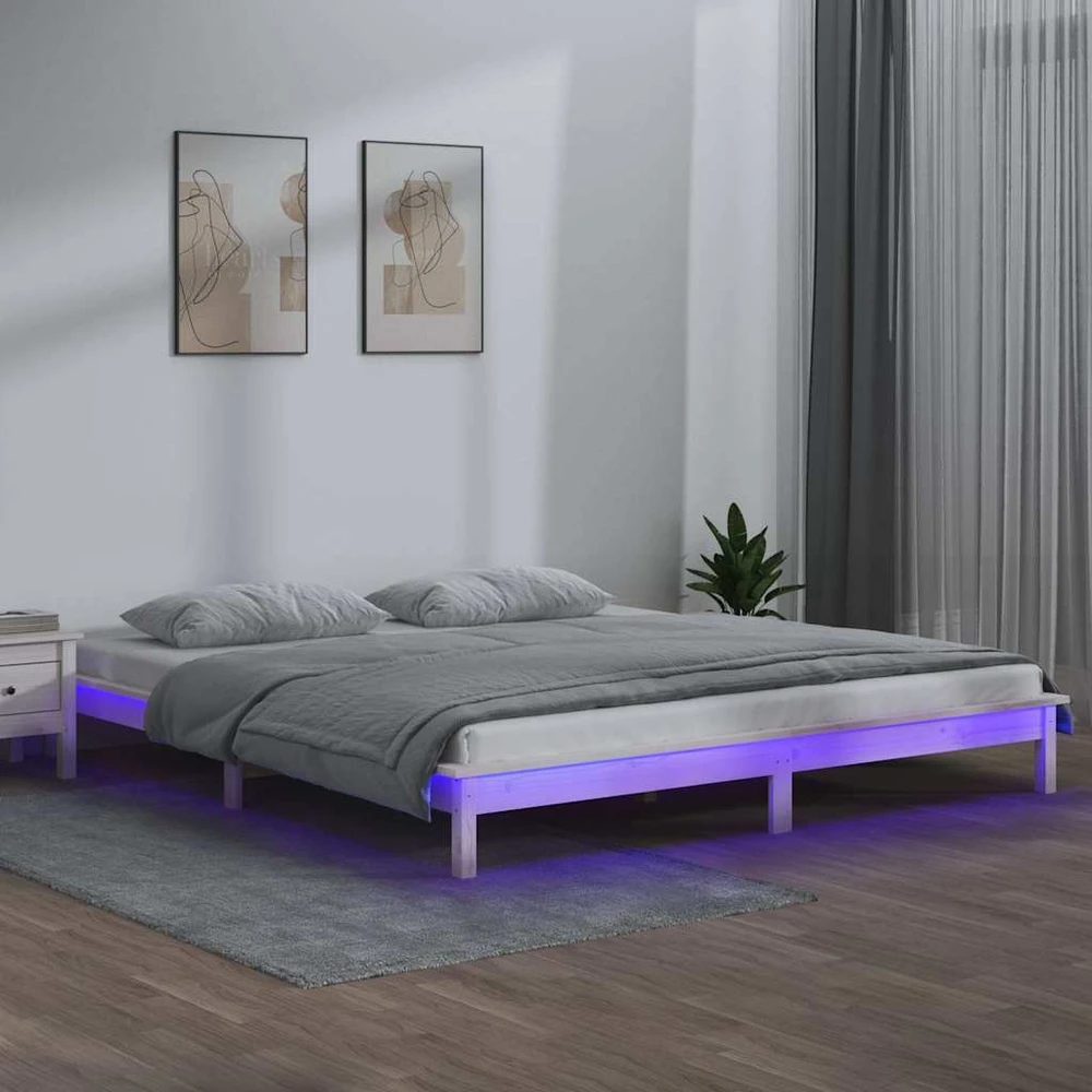 Lovos rėmas su LED, baltos spalvos, 140x190cm, medienos masyvas