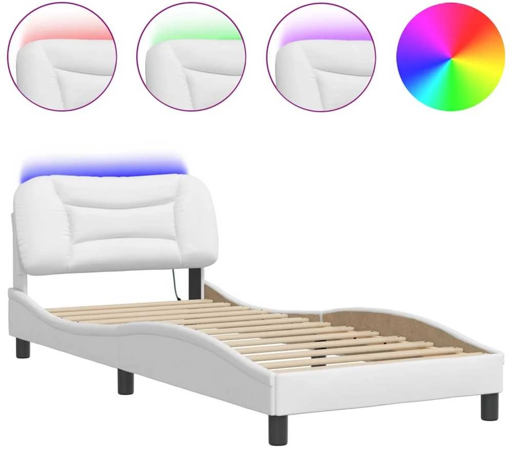 Lovos rėmas su LED, baltos spalvos, 90x190cm, dirbtinė oda