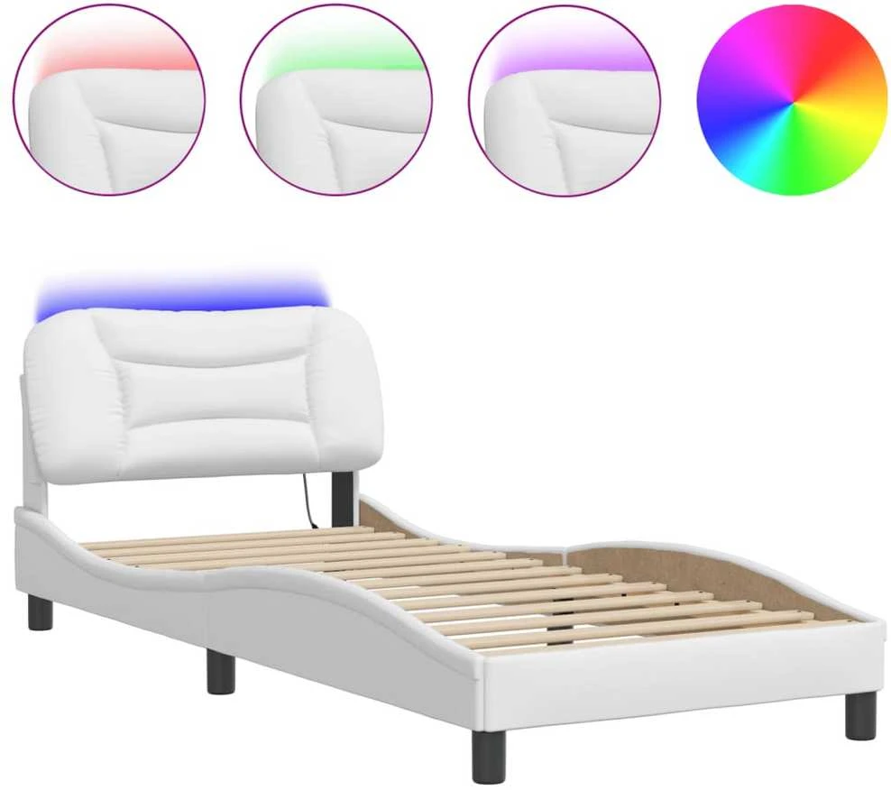Lovos rėmas su LED, baltos spalvos, 90x200cm, dirbtinė oda