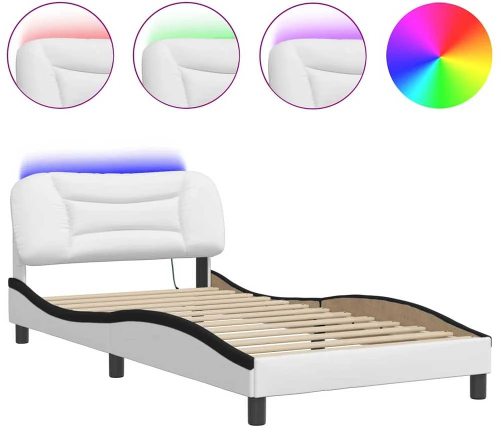 Lovos rėmas su LED, baltas ir juodas, 100x200cm, dirbtinė oda