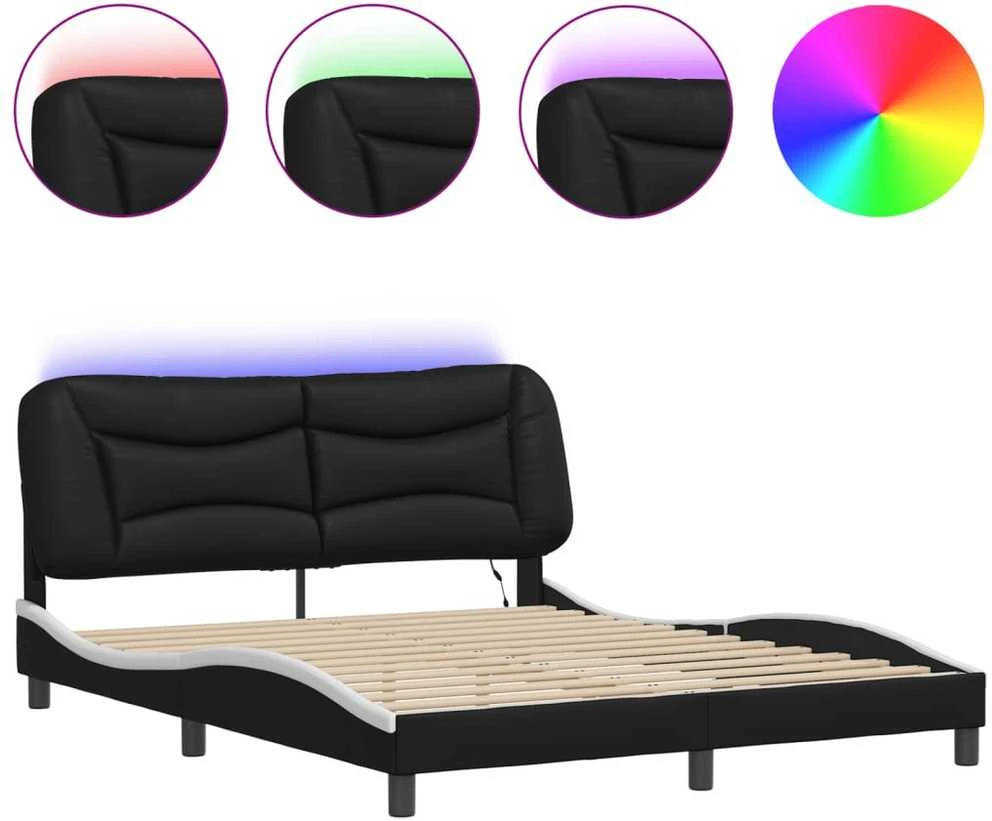 Lovos rėmas su LED, juodas ir baltas, 160x200cm, dirbtinė oda