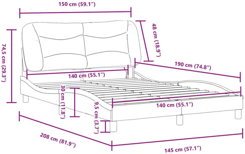 Lovos rėmas su LED, juodas ir baltas, 140x190cm, dirbtinė oda