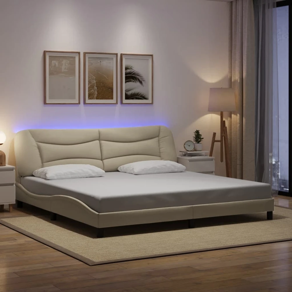 Lovos rėmas su LED, kreminės spalvos, 200x200cm, audinys