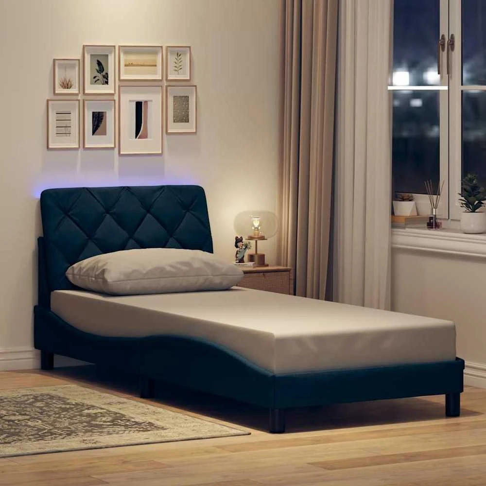 Lovos rėmas su LED be čiužinio, mėlynas, 80x200 cm, audinys