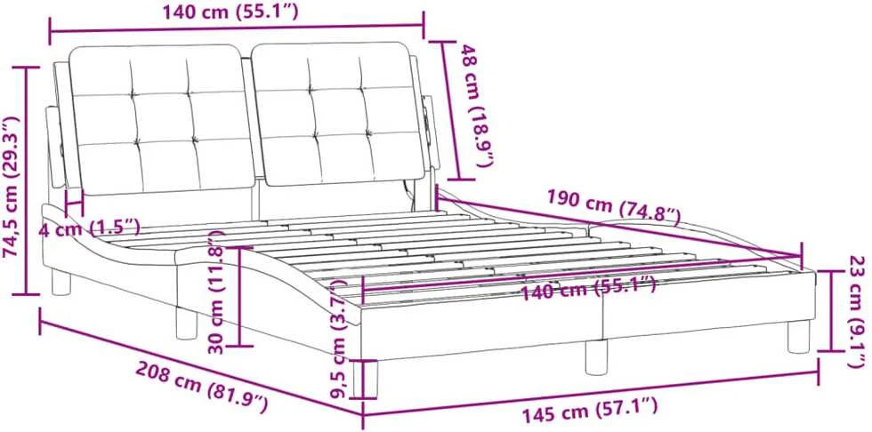 Lovos rėmas su LED, baltos spalvos, 140x190cm, dirbtinė oda