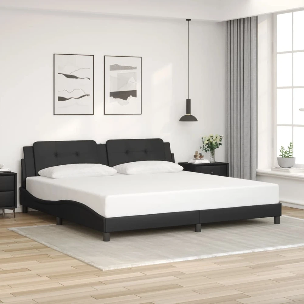 Lovos rėmas su LED, juodos spalvos, 200x200cm, dirbtinė oda