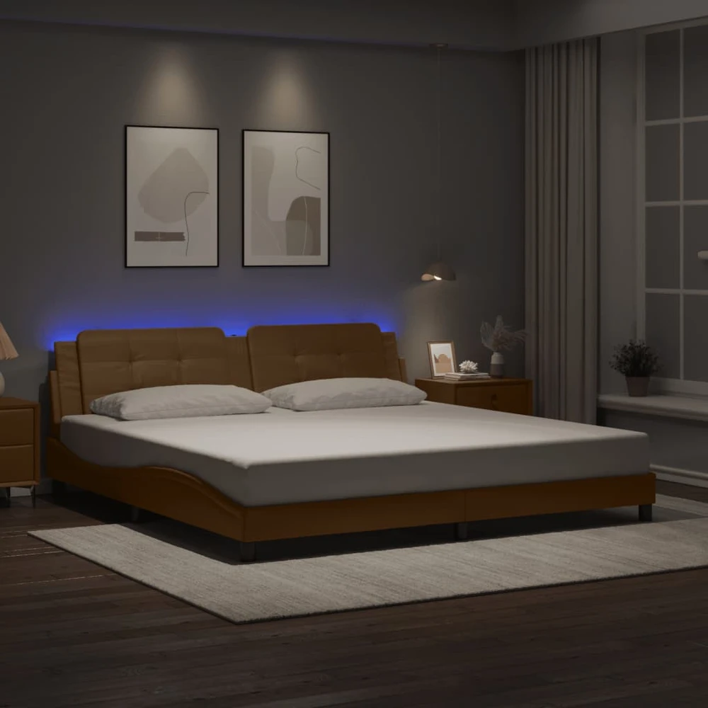 Lovos rėmas su LED, kapučino spalvos, 200x200cm, dirbtinė oda