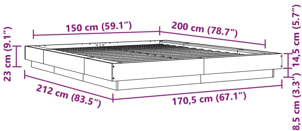 Lovos rėmas su LED, betono pilkas, 150x200cm, apdirbta mediena